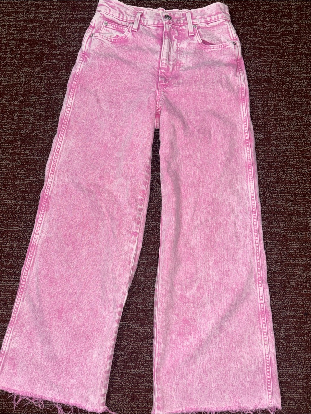 Amo Frida pink jeans wide leg cropped frayed hem loose fit acid wash high rise